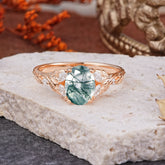 Vintage Leaf 4-Prong Oval Moss Agate Engagement Ring for Women